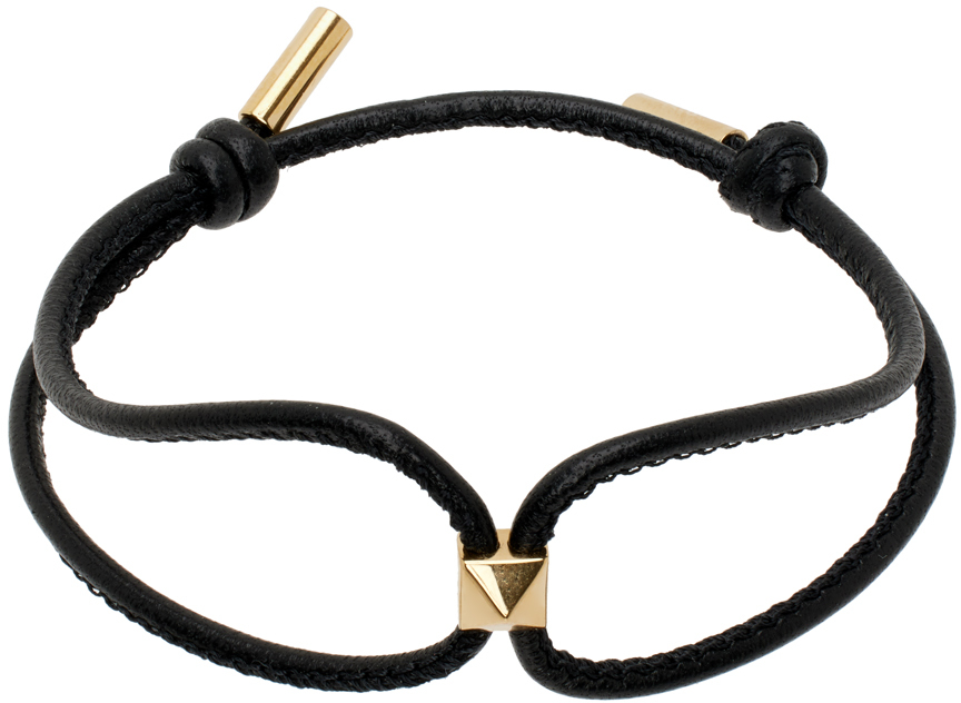 Valentino Garavani Black & Gold Rockstud Leather Bracelet In Nero/oro 18