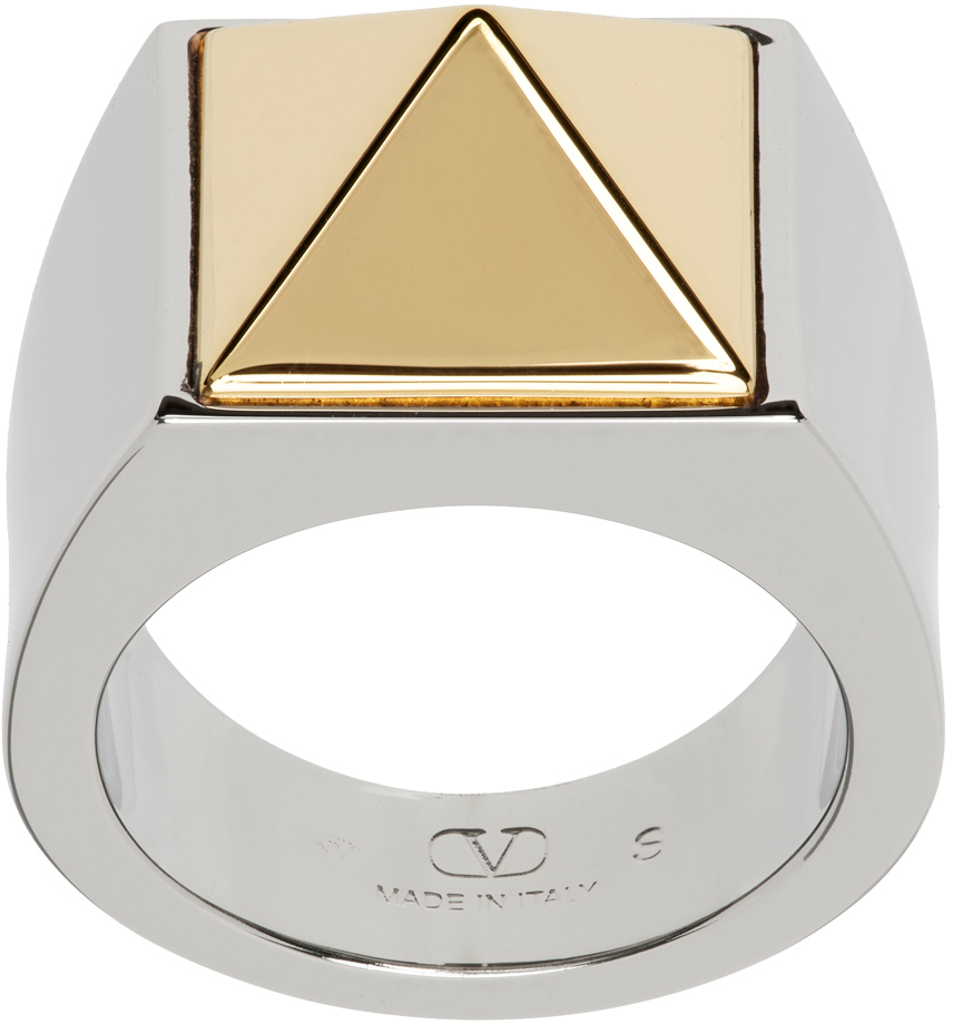 Shop Valentino Silver & Gold Pyramid Stud Ring In Palladium/oro 18