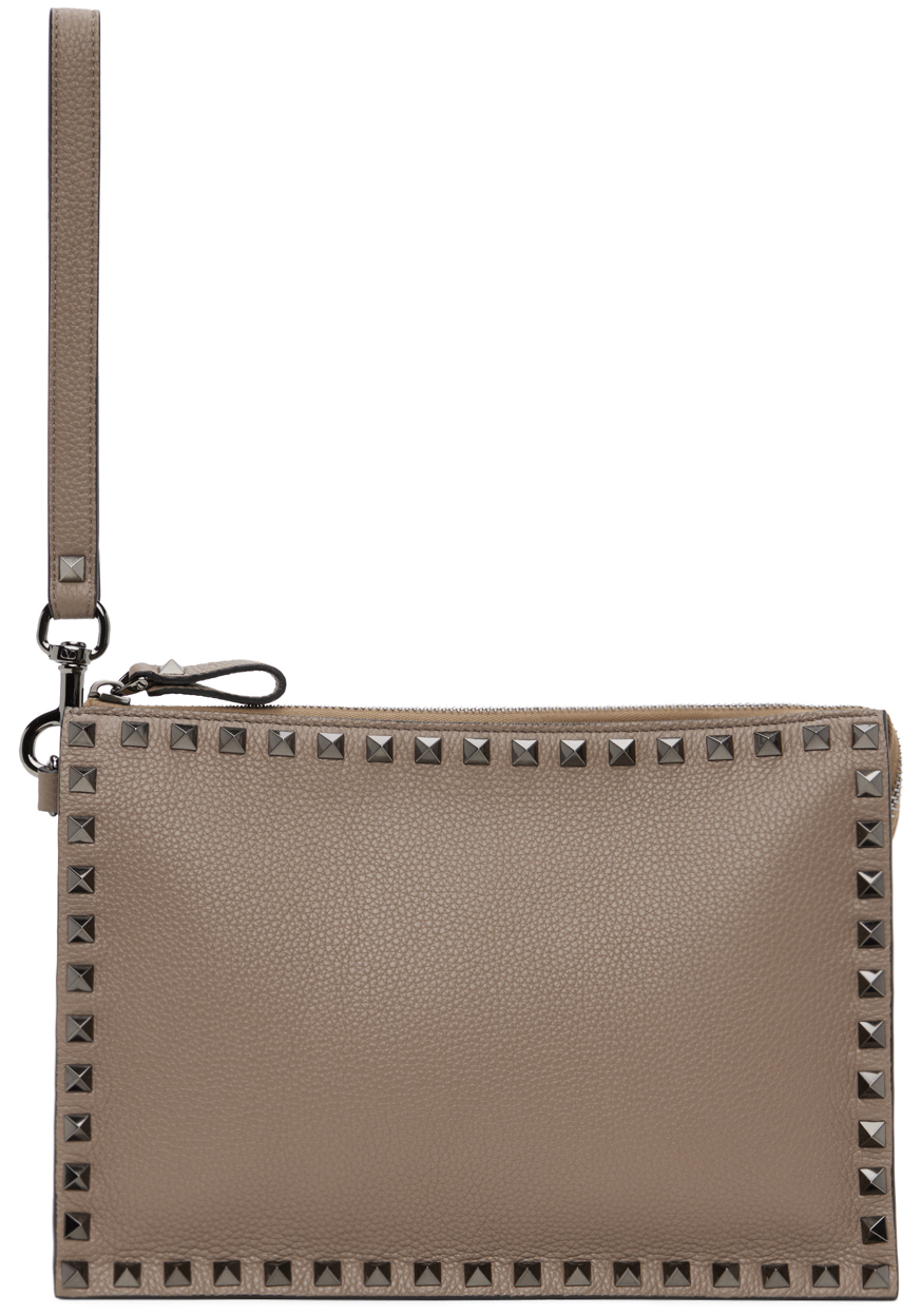 Taupe Rockstud Pouch by Valentino Garavani on Sale