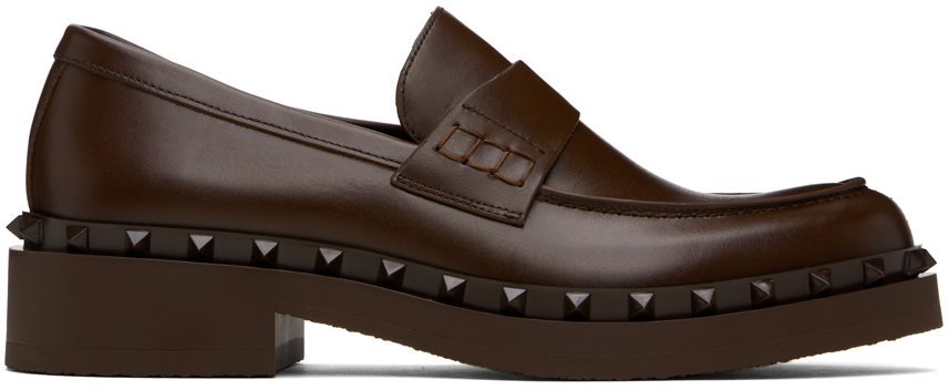 Shop Valentino Brown Rockstud M-way Loafers In Fondant