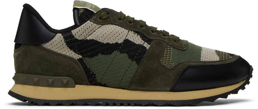 Shop Valentino Khaki Camouflage Rockrunner Sneakers In Fango/olive/beige