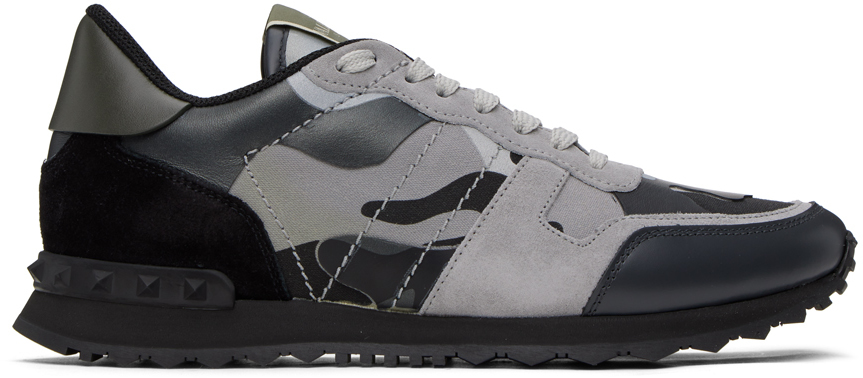 Valentino Garavani Black & Gray Rockrunner Sneakers In Tessuto-nappa-camou