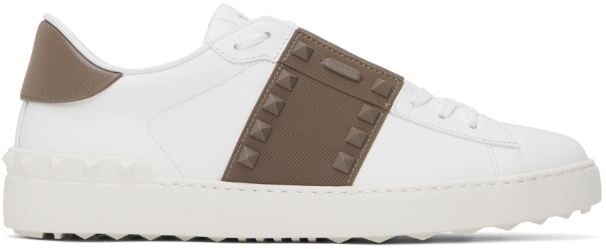 Shop Valentino White & Brown Calfskin Rockstud Untitled Sneakers In Bianco/clay