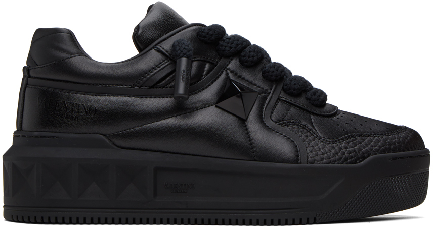 Shop Valentino Black One Stud Xl Nappa Leather Sneakers In Nero