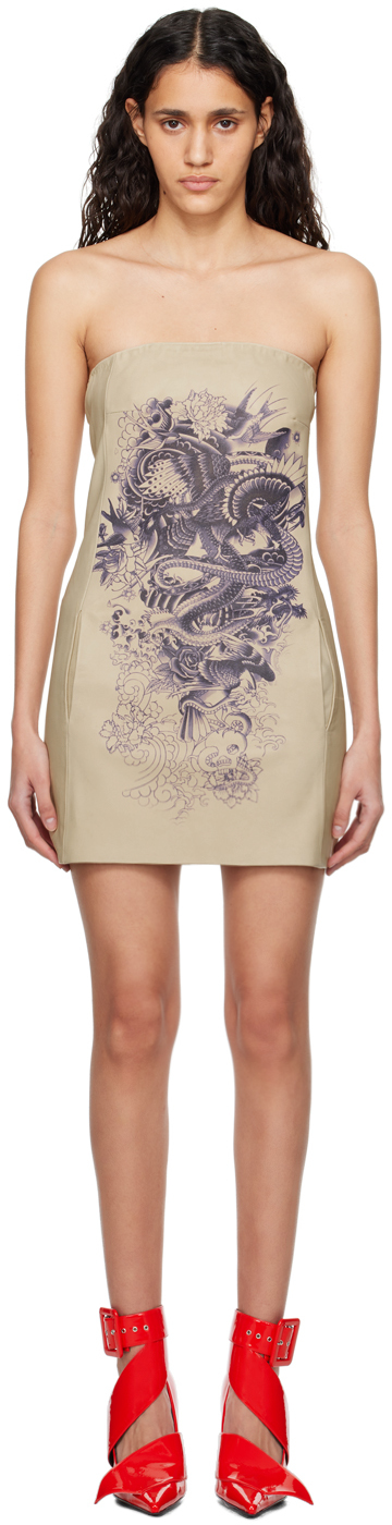 Shop Jean Paul Gaultier Off-white 'the Tattoo' Leather Minidress In 6359 Nude/navy