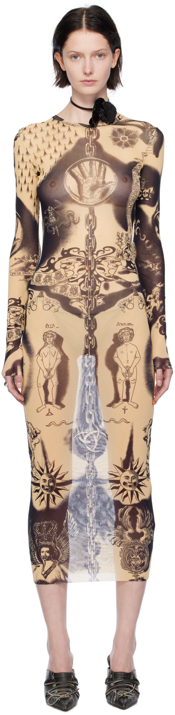Jean Paul Gaultier Beige Heraldique Midi Dress In 6359 Nude/navy
