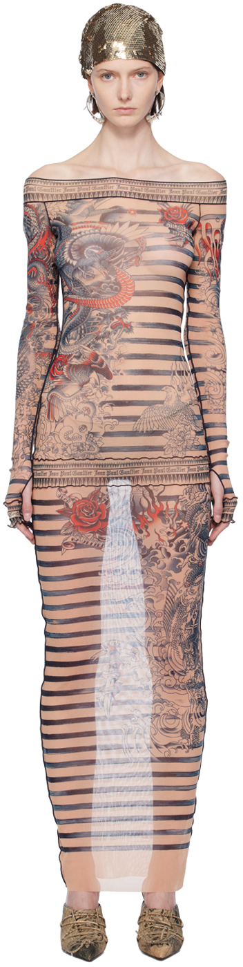 Optical Illusion Dress Sheer Mesh Gown Jean Paul Gaultier Inspired Womens  Long Maxi Printed Graphic Nude Beige Sexy Cocktail Party 