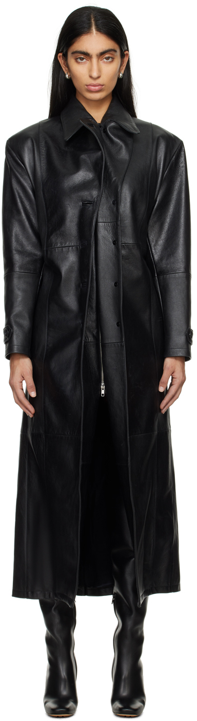 Black Gathered Leather Coat