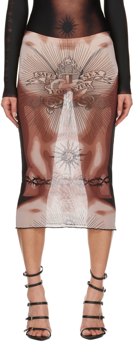 Jean Paul Gaultier Tattoo-print Midi Skirt In 636000 Nude/brown/bl