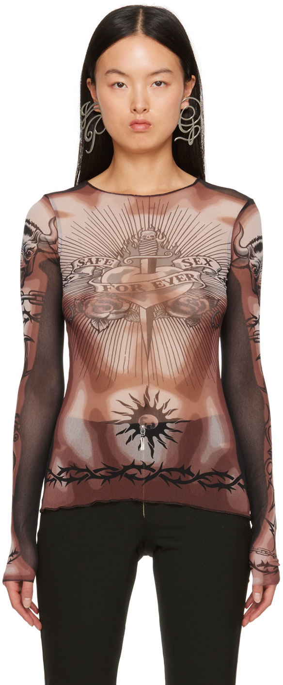 Shop Jean Paul Gaultier Orange 'safe Sex' Long Sleeve T-shirt In 636000 Nude/brown/bl