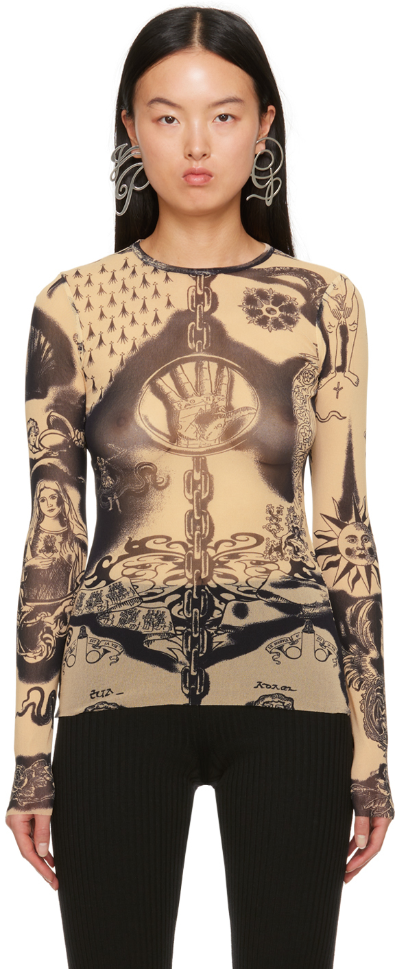 Jean Paul Gaultier Beige Graphic Long Sleeve T-shirt In 6359 Nude/navy