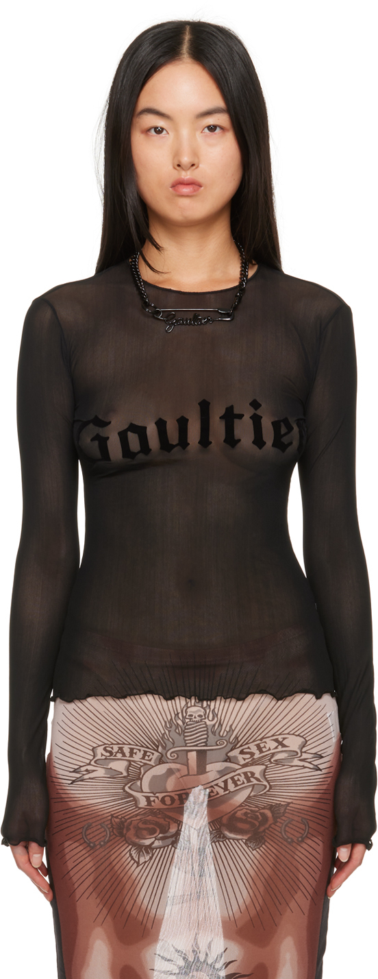 Jean Paul Gaultier Logo-print Mesh Top In Black