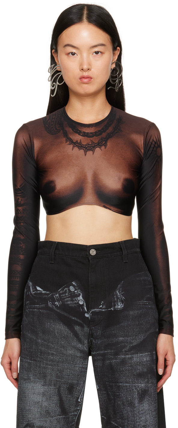 Jean Paul Gaultier Brown Graphic Long Sleeve T-shirt In 67 Darknude