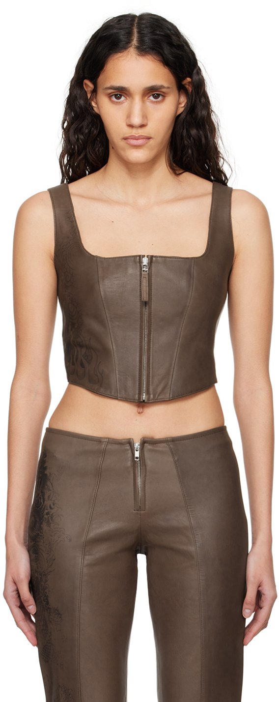 Shop Jean Paul Gaultier Brown 'the Tattoo' Leather Tank Top In 7000 Ebene/black