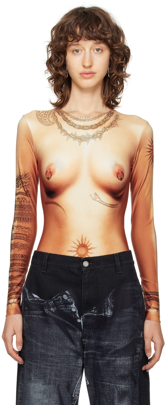 Shop Jean Paul Gaultier Orange 'the Body Tattoo' Bodysuit In 25 Lightnude