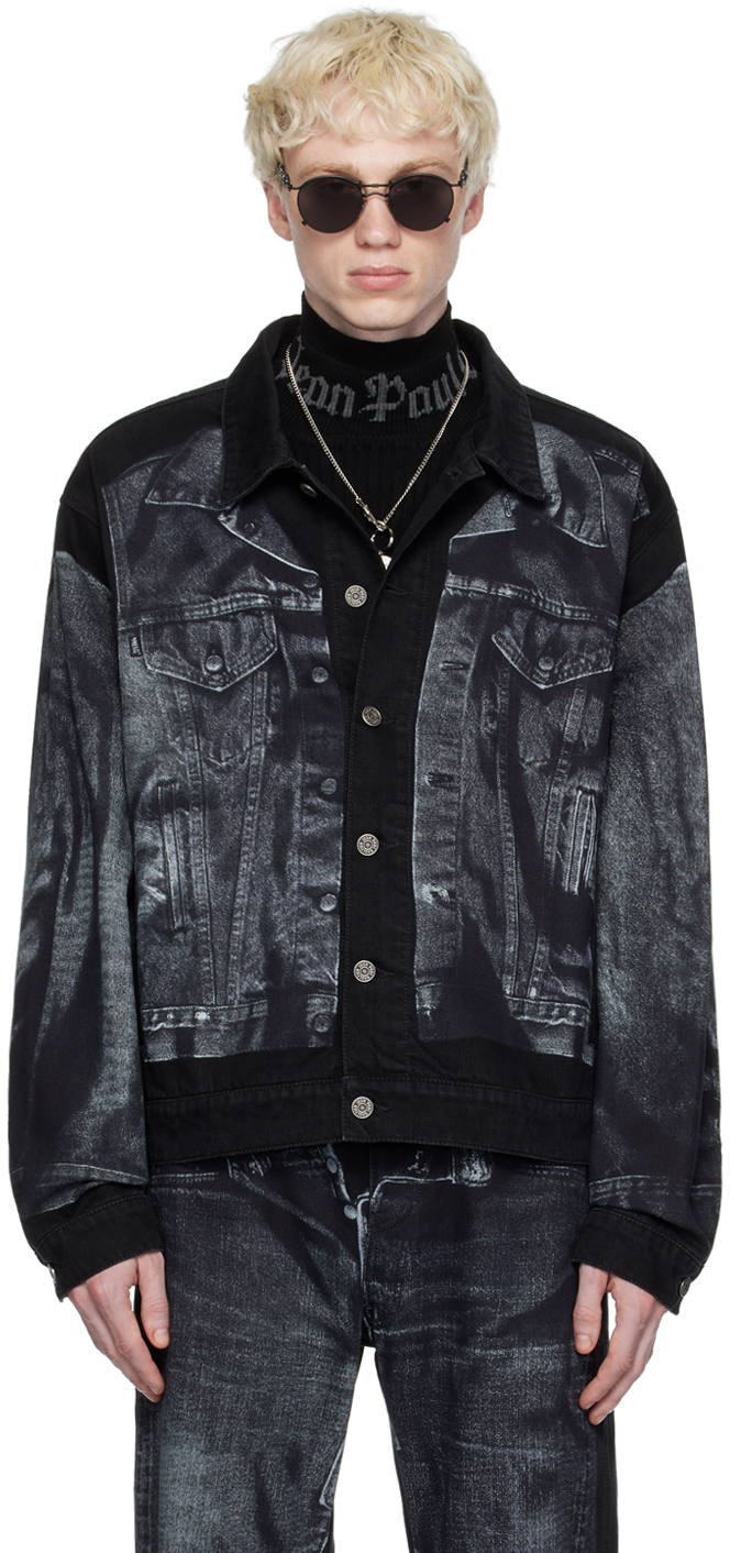 Shop Jean Paul Gaultier Black Printed Denim Jacket In 00-black
