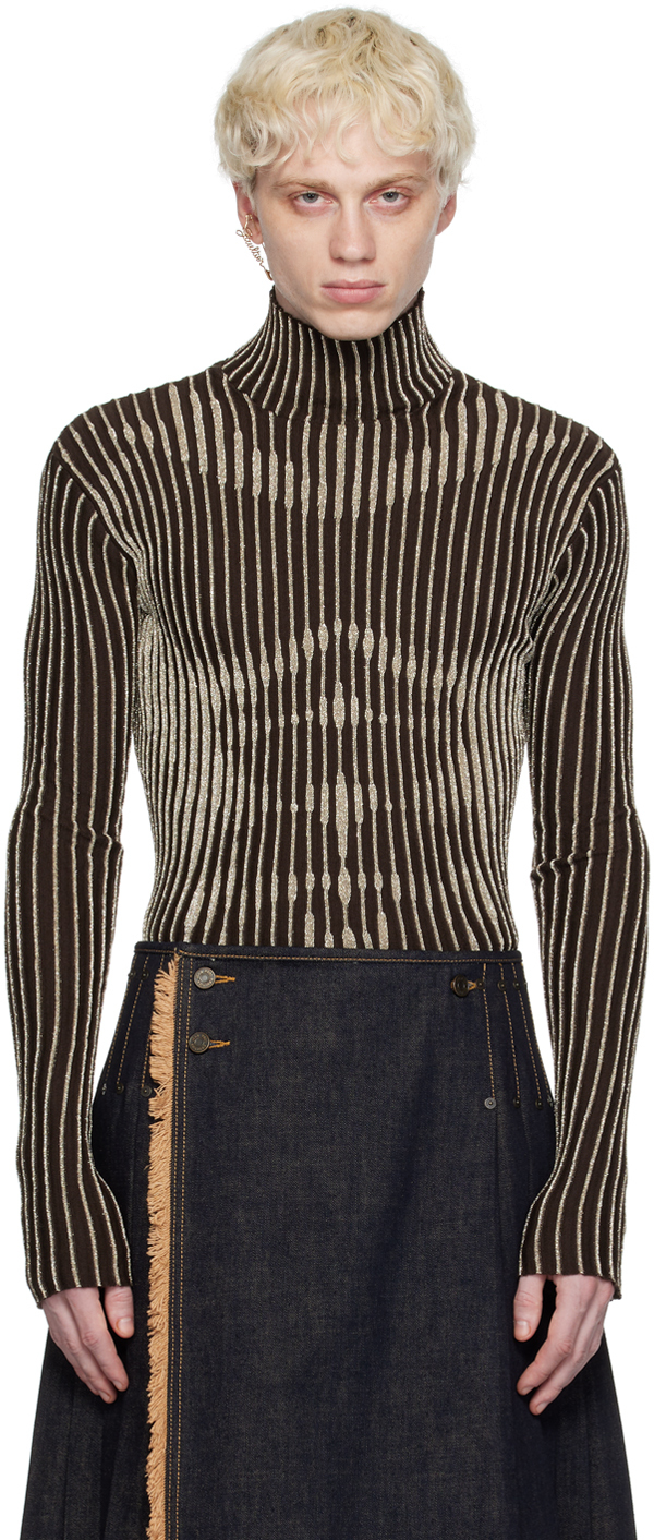 Jean Paul Gaultier Brown Striped Turtleneck In 6091-brown/silver