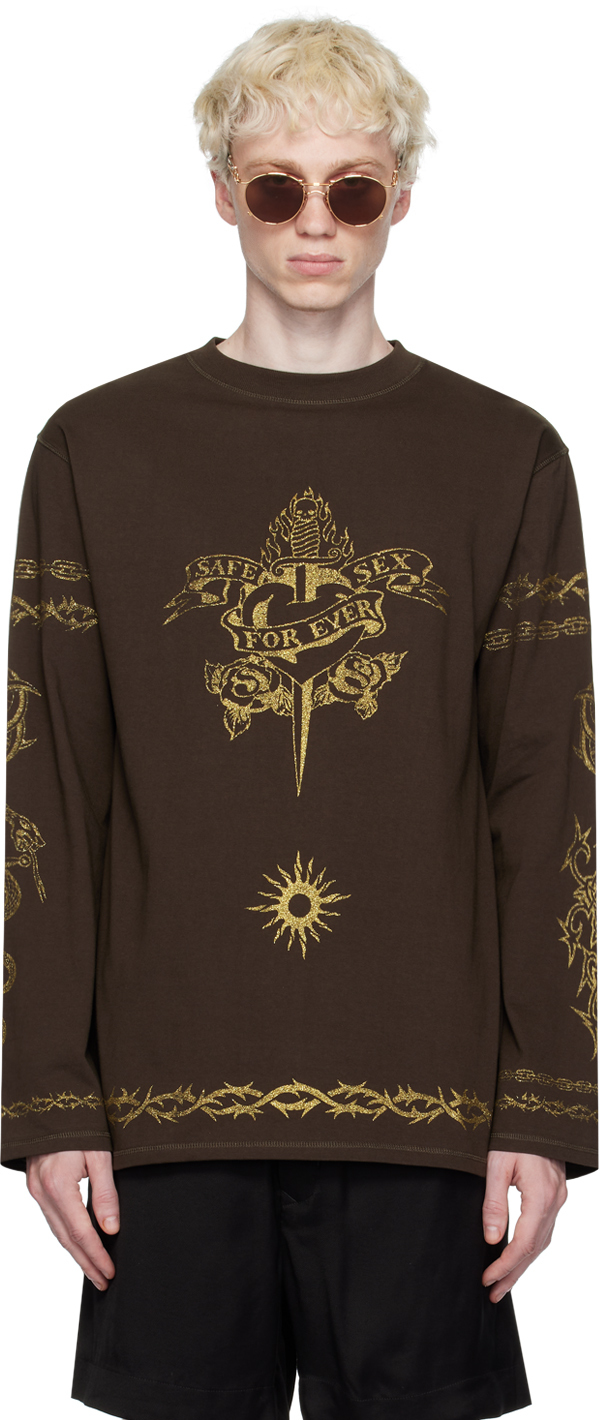 Jean Paul Gaultier Brown Glitter Long Sleeve T-shirt In 62-dark Brown
