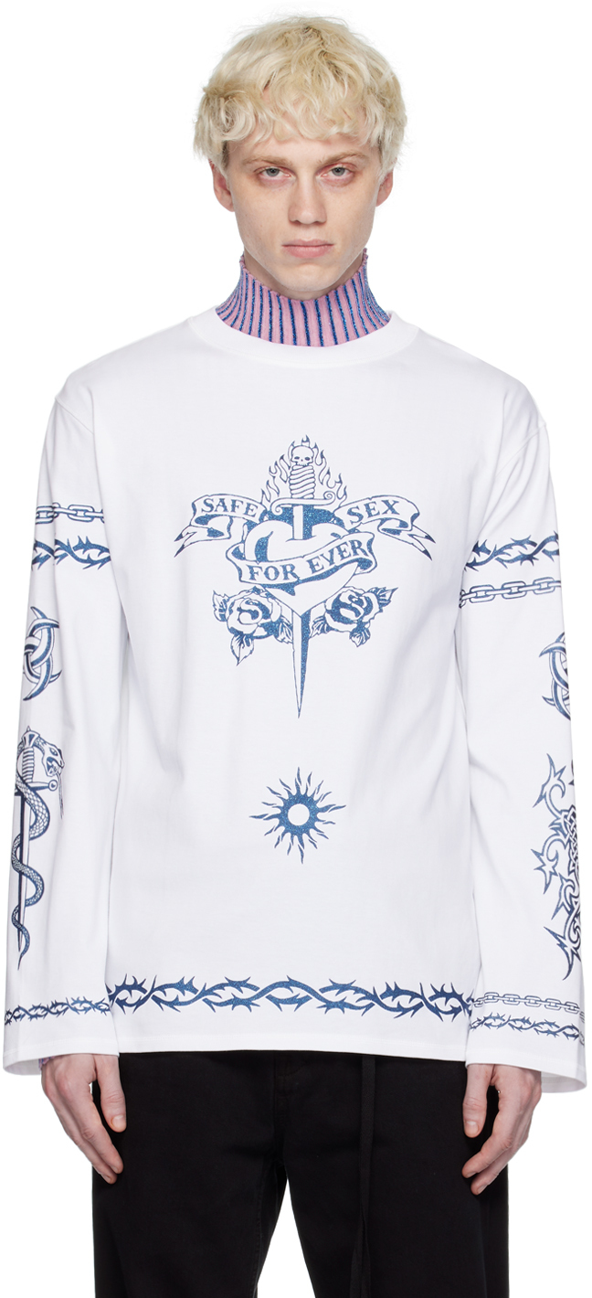 Jean Paul Gaultier White Glitter Long Sleeve T-shirt In 01-white