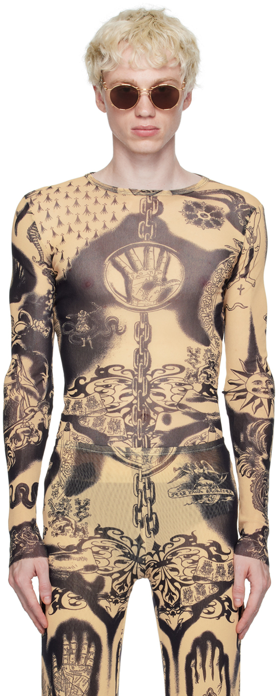 Jean Paul Gaultier Beige Printed Long Sleeve T-shirt In 6359-nude/navy