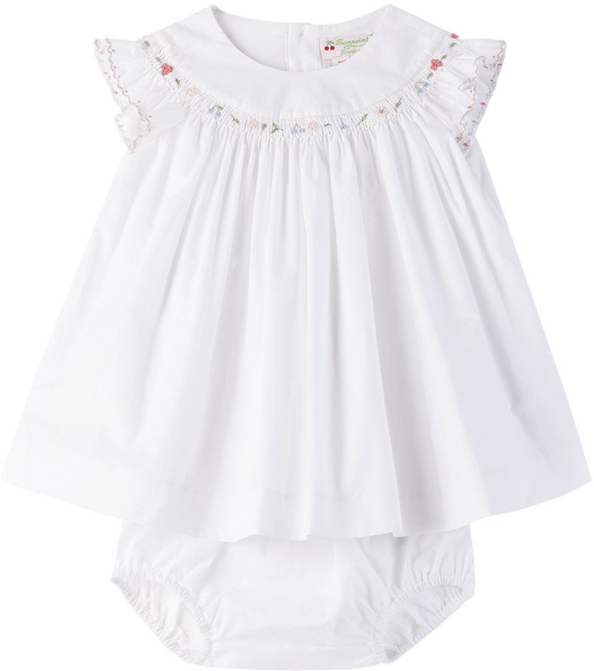 Shop Bonpoint Baby White Amantine Dress & Bloomers Set In 002 Blanc Lait