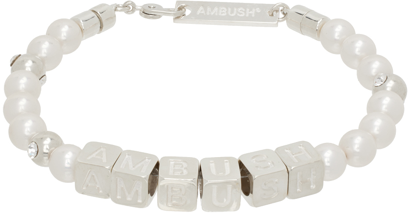 Shop Ambush Silver & White Pearl Letterblock Bracelet