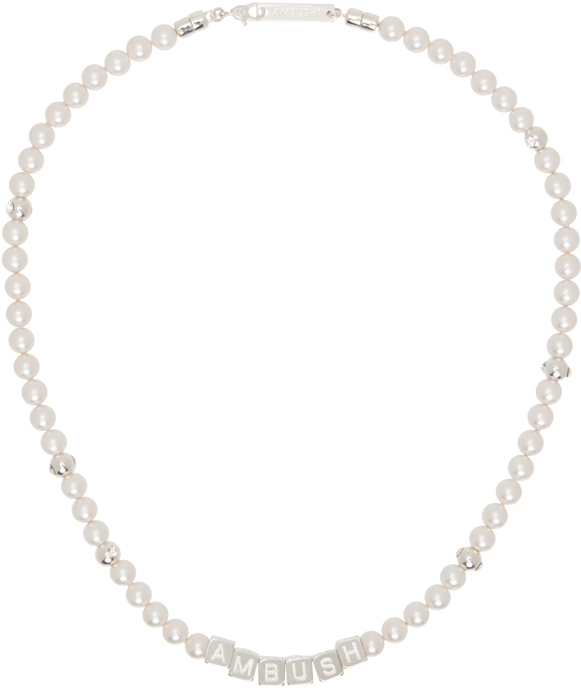 Silver u0026 White Pearl Letterblock Necklace