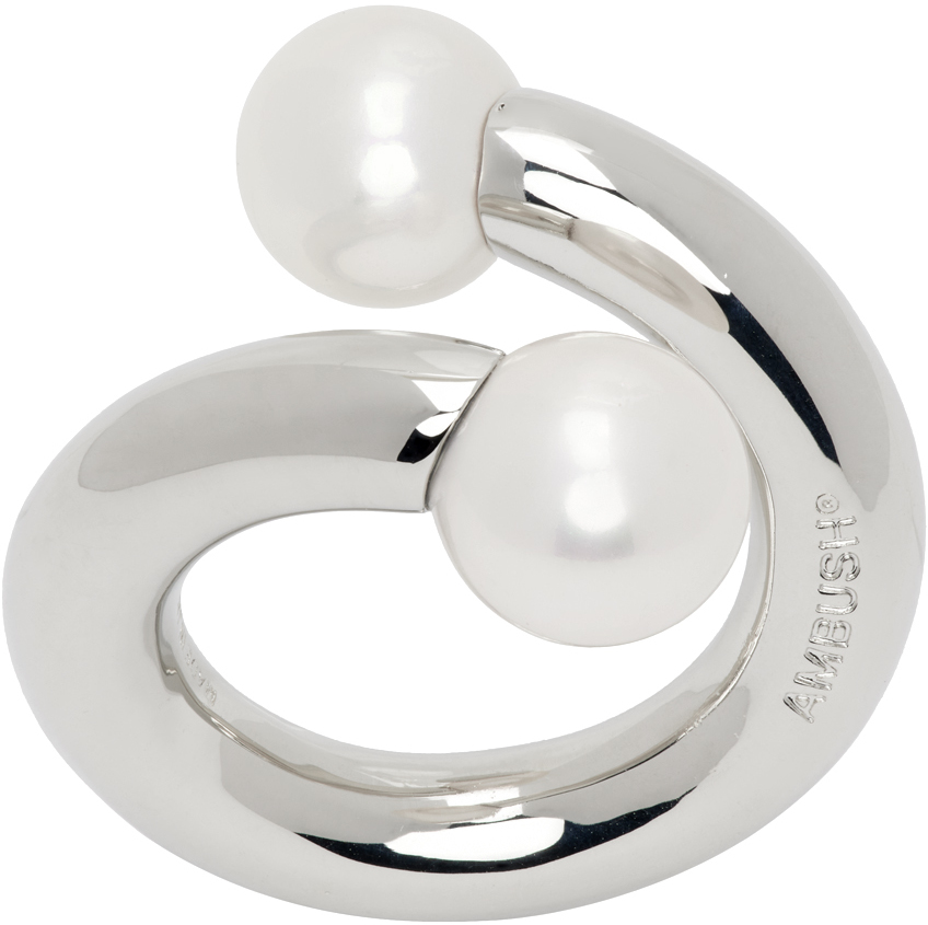Ambush Small Barbell Faux Pearl-embellished Ring In Silver/pearl