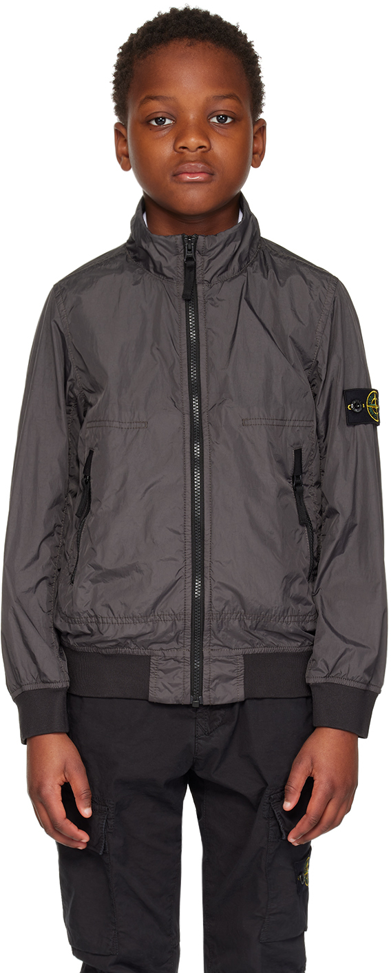 Logo patch down jacket in grey - Stone Island Junior