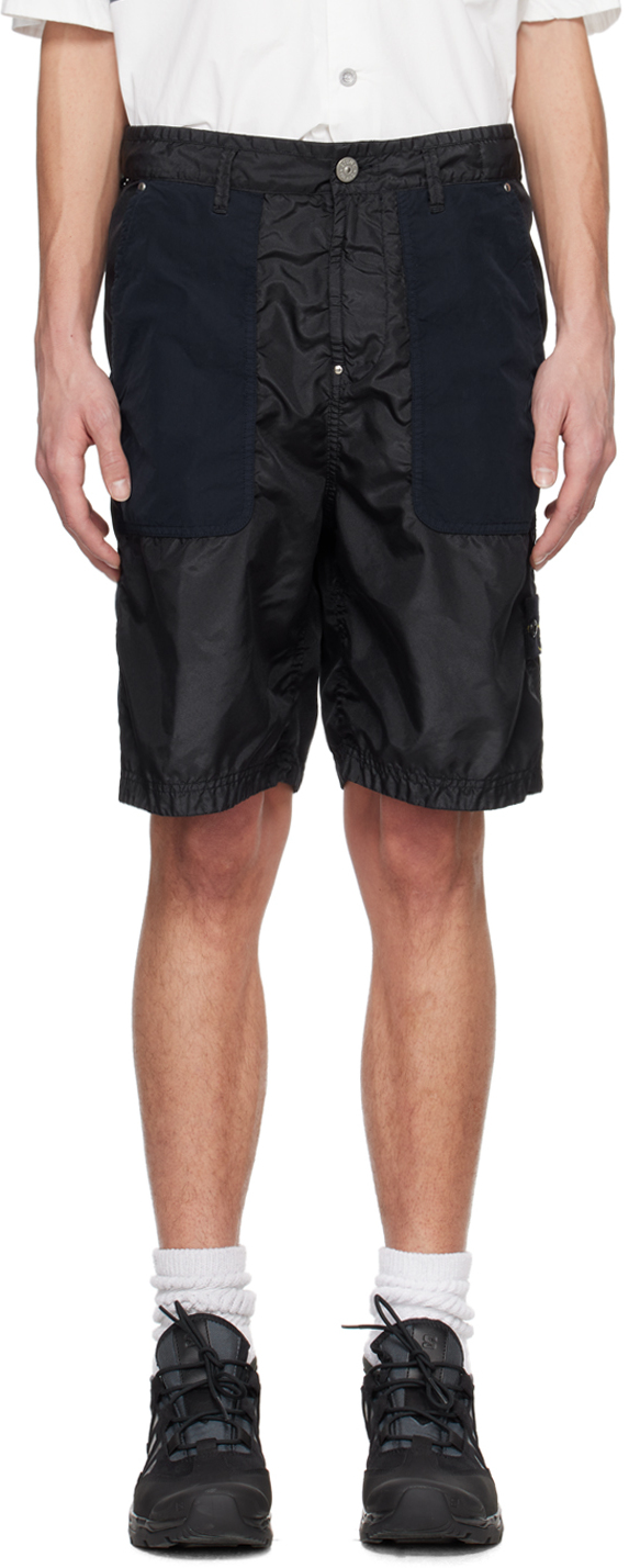Shop Stone Island Black & Navy Patch Shorts In V0020 Navy Blue