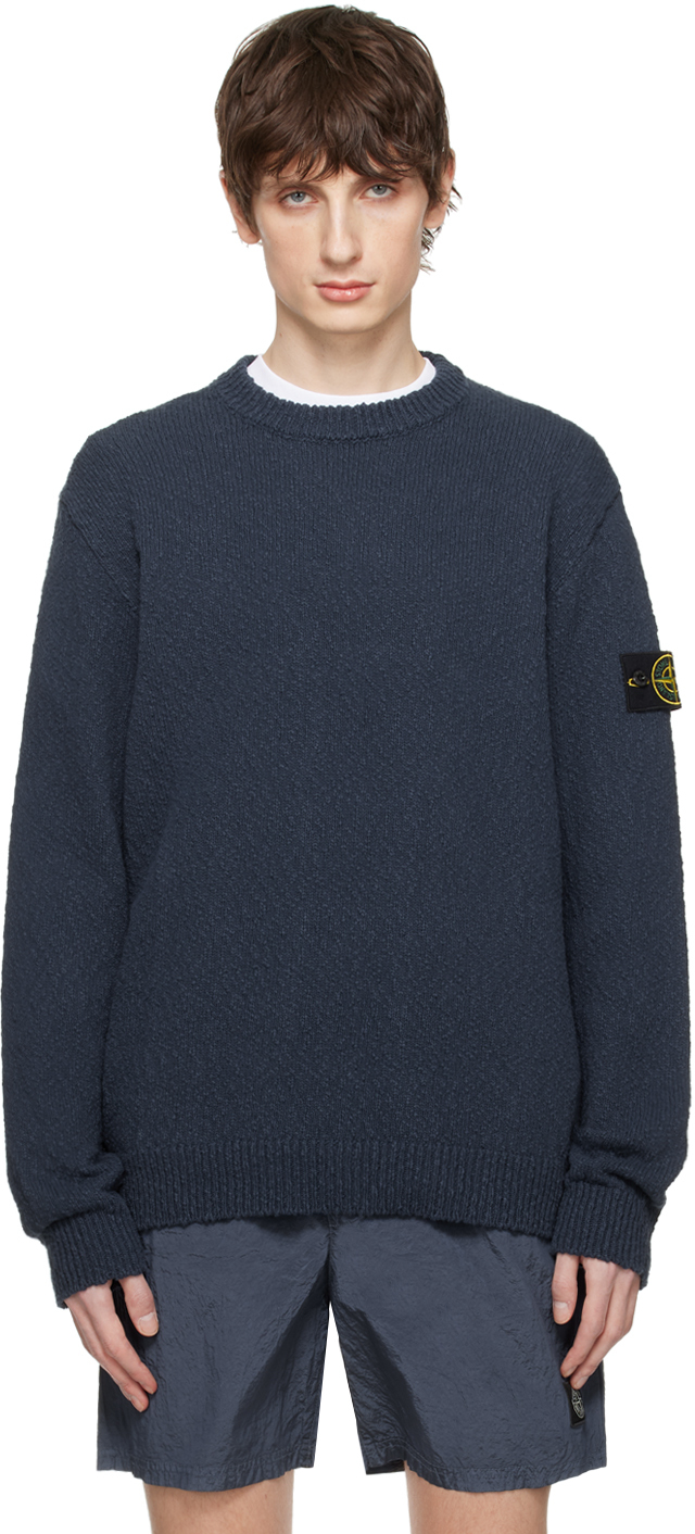 Stone Island Round Neck Sweater With Logo Patch In Blue