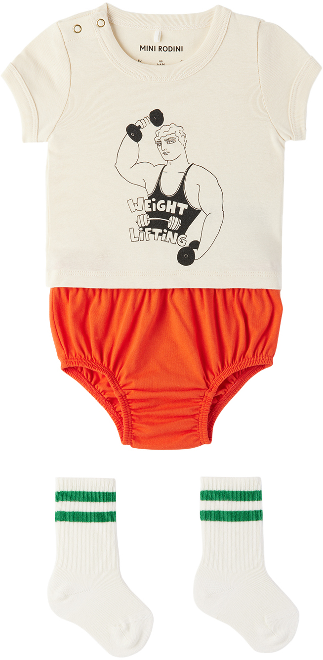 Shop Mini Rodini Baby Off-white Weight Lifting Three-piece Set In Offwhite