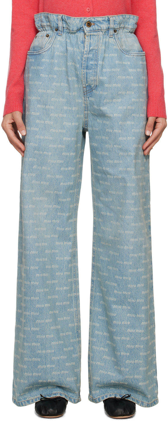 Miu Miu: Blue Printed Jeans | SSENSE Canada