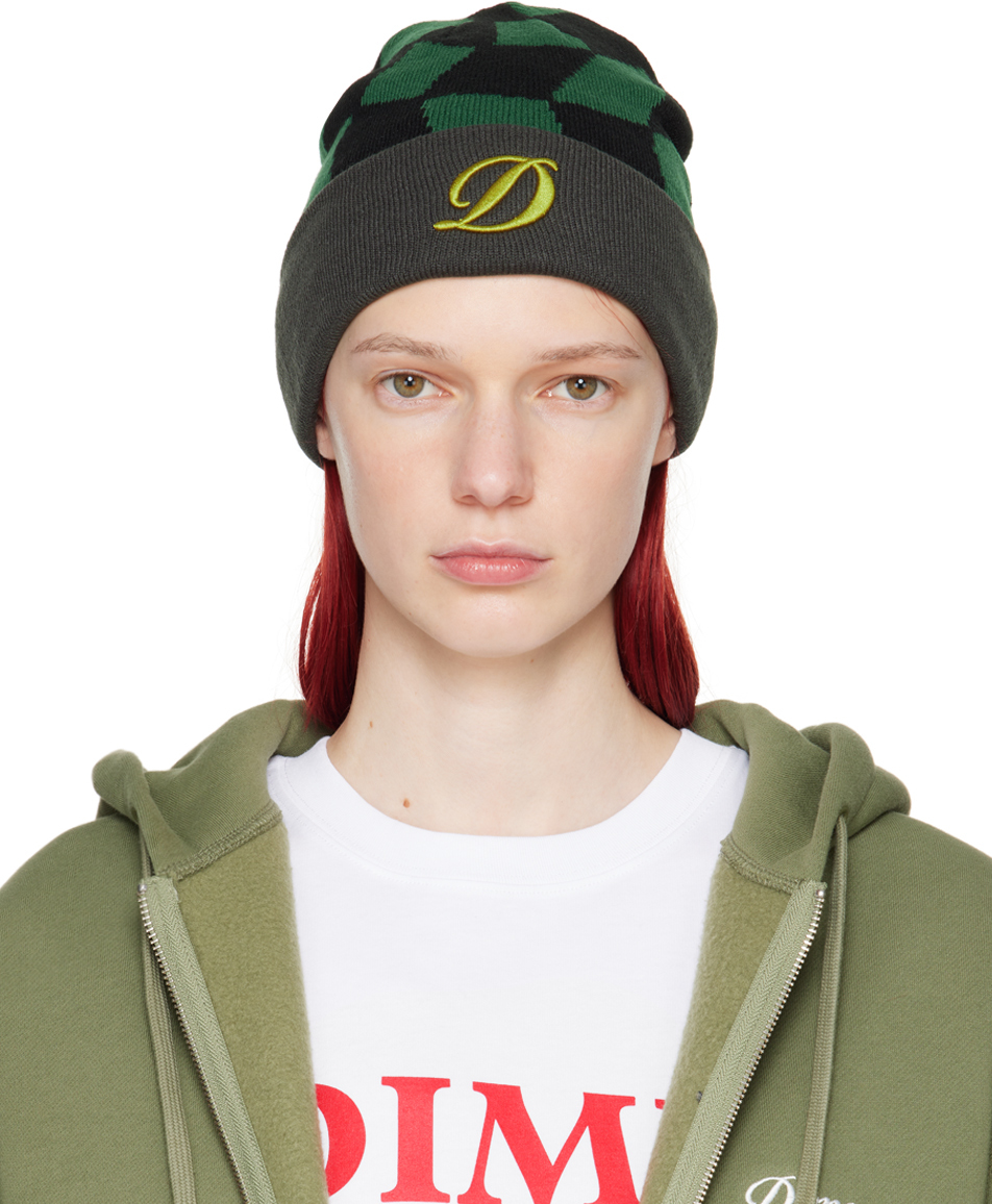 Dime Green & Black Check Beanie In Forest Green