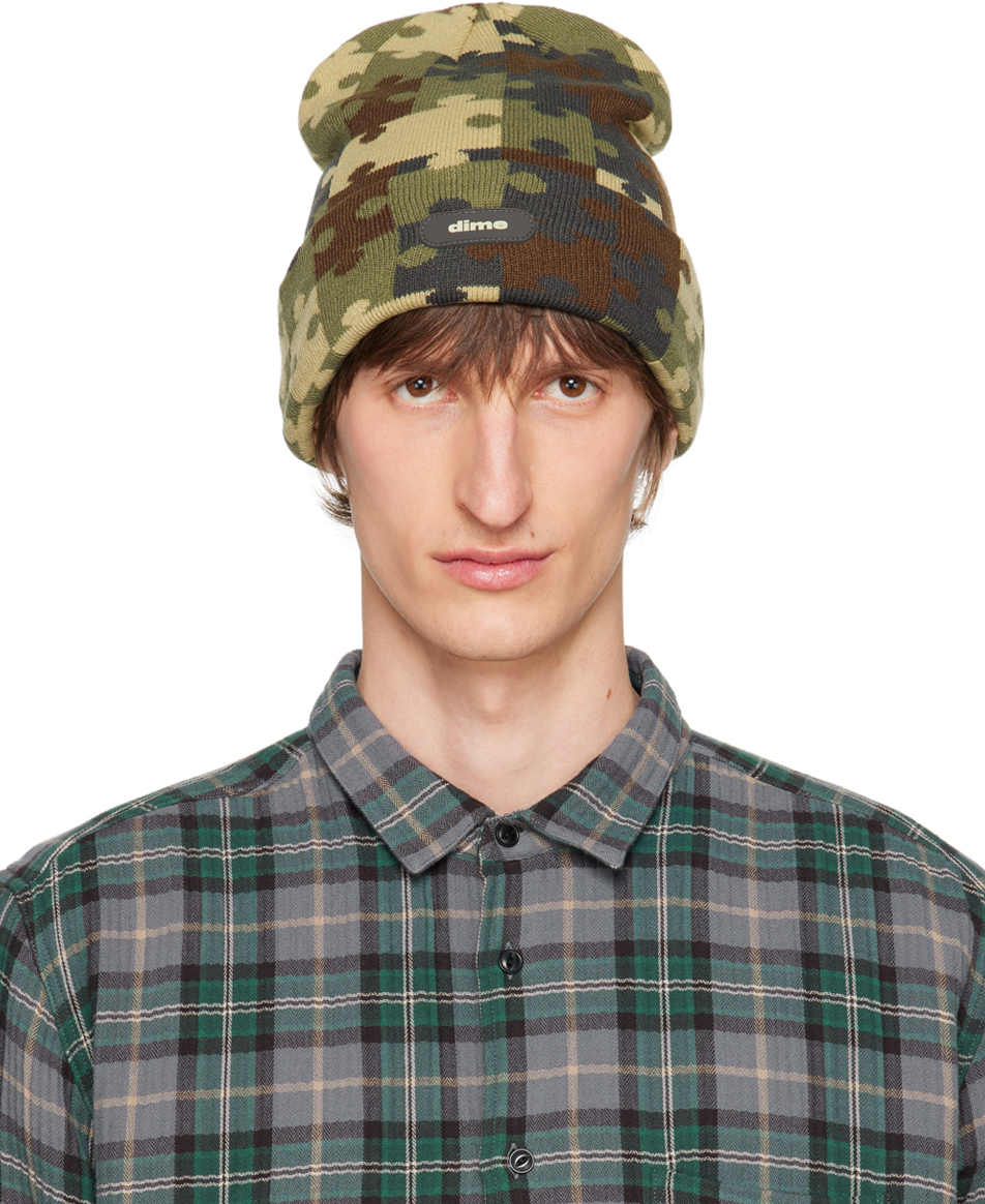 Dime Green Puzzle Fold Beanie In Camo