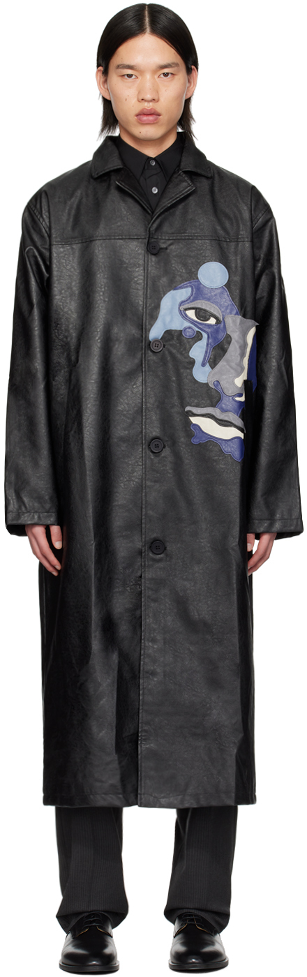Black Grained Faux-Leather Coat