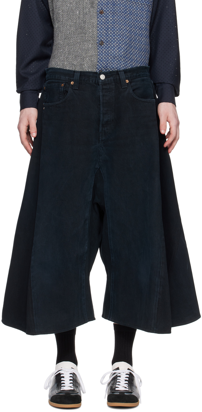 Black Paneled Denim Shorts