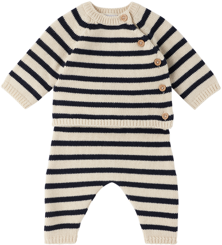 Baby Beige & Navy Sweater & Lounge Pants Set by Petit Bateau on Sale