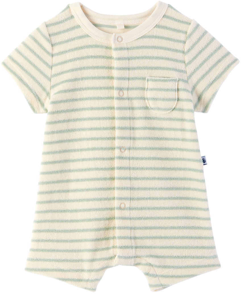 Shop Petit Bateau Baby Beige & Green Stripe Bodysuit In 01 Avalanche/herbier