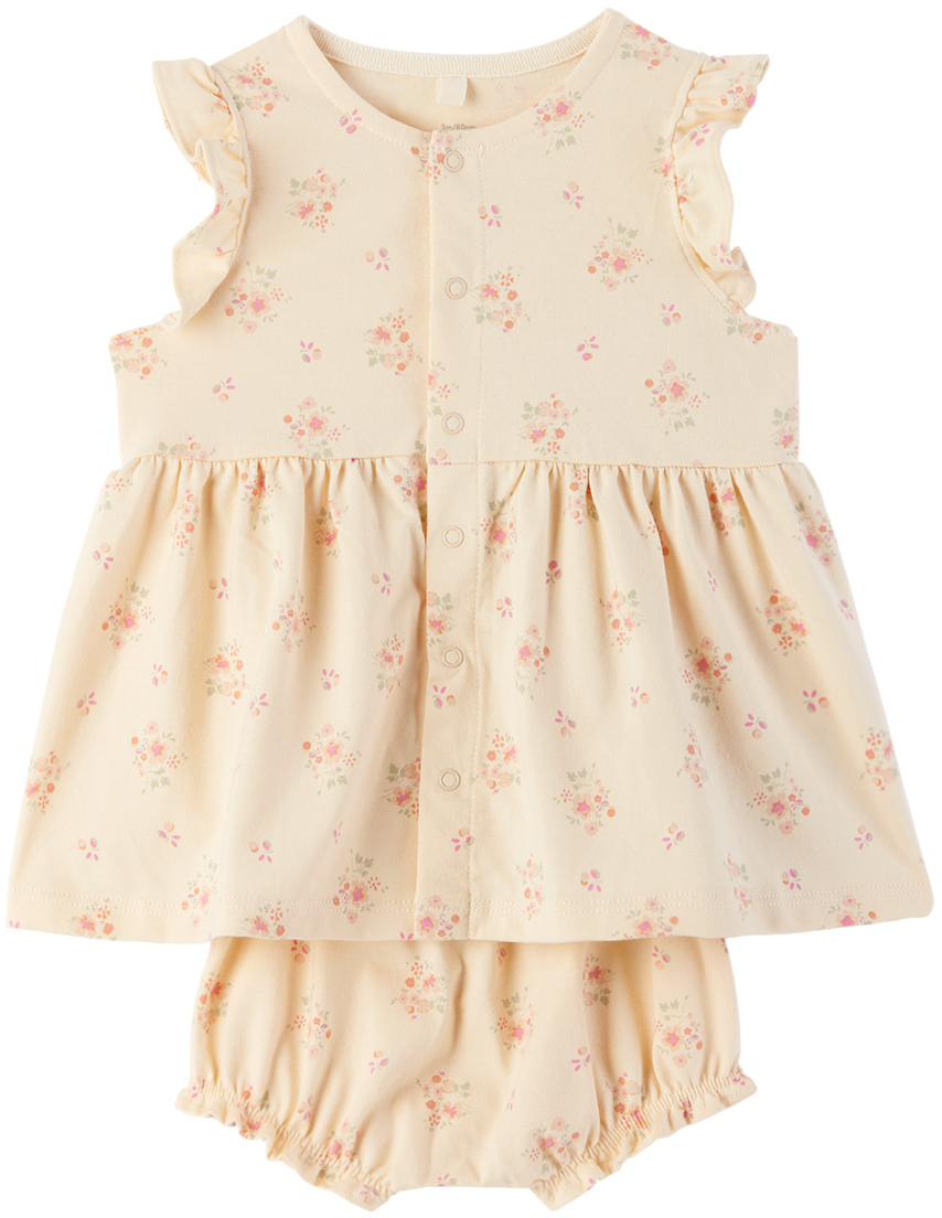 Shop Petit Bateau Baby Yellow Floral Dress & Bloomers Set In 01 Avalanche/multico