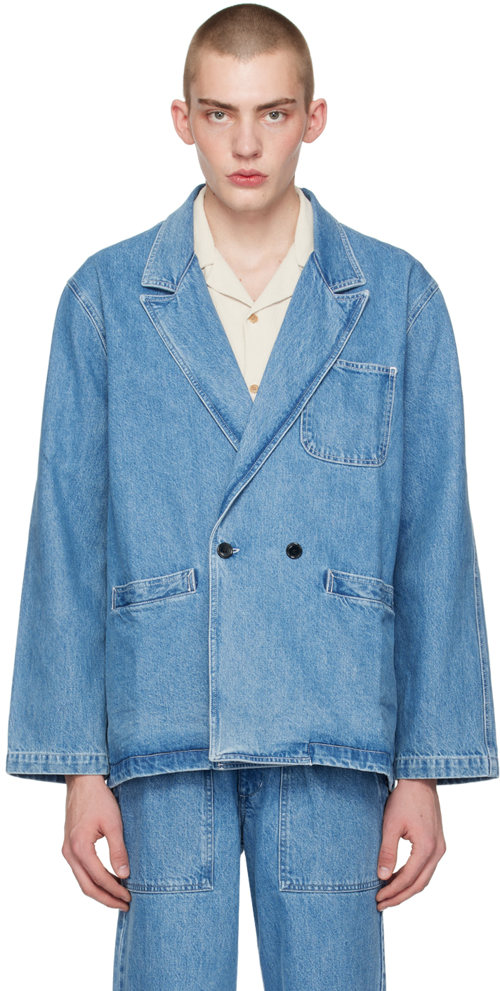 Noah: Blue Double-Breasted Denim Jacket | SSENSE