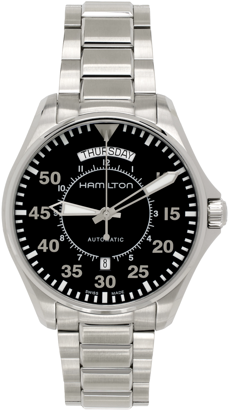 Hamilton Silver Pilot Day Date Automatic Watch In Black/silver