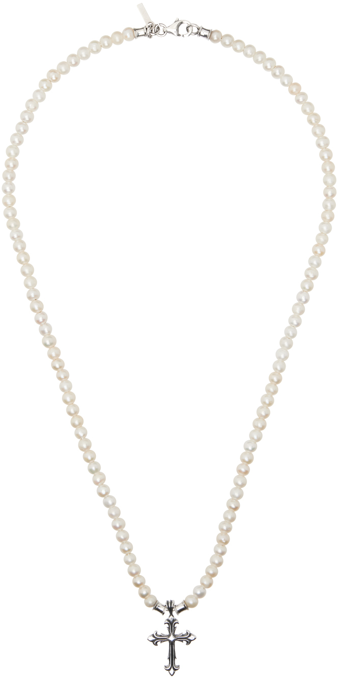 Shop Emanuele Bicocchi White Pearl Fleury Cross Necklace In Sterling Silver