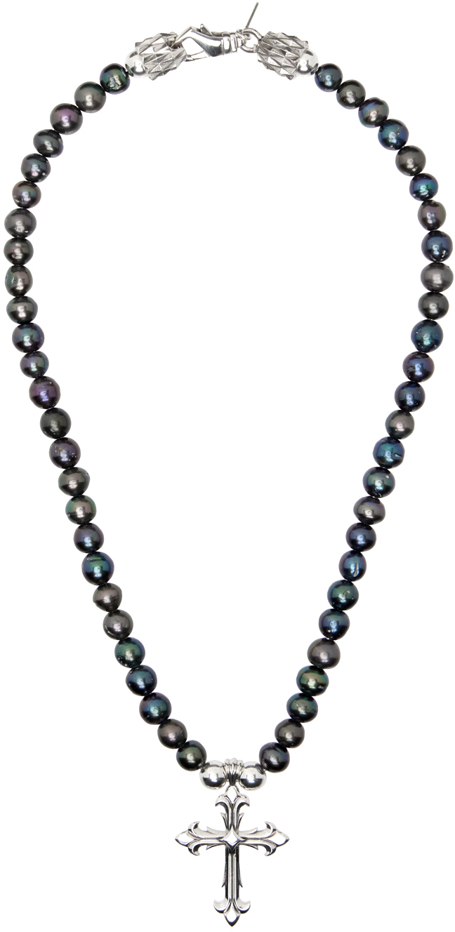 Emanuele Bicocchi Black Pearl Necklace With Fleury Cross In Sterling Silver