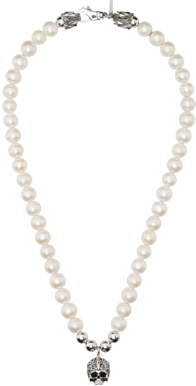 Emanuele Bicocchi White Large Pearl Skull Necklace In Sterling Silver