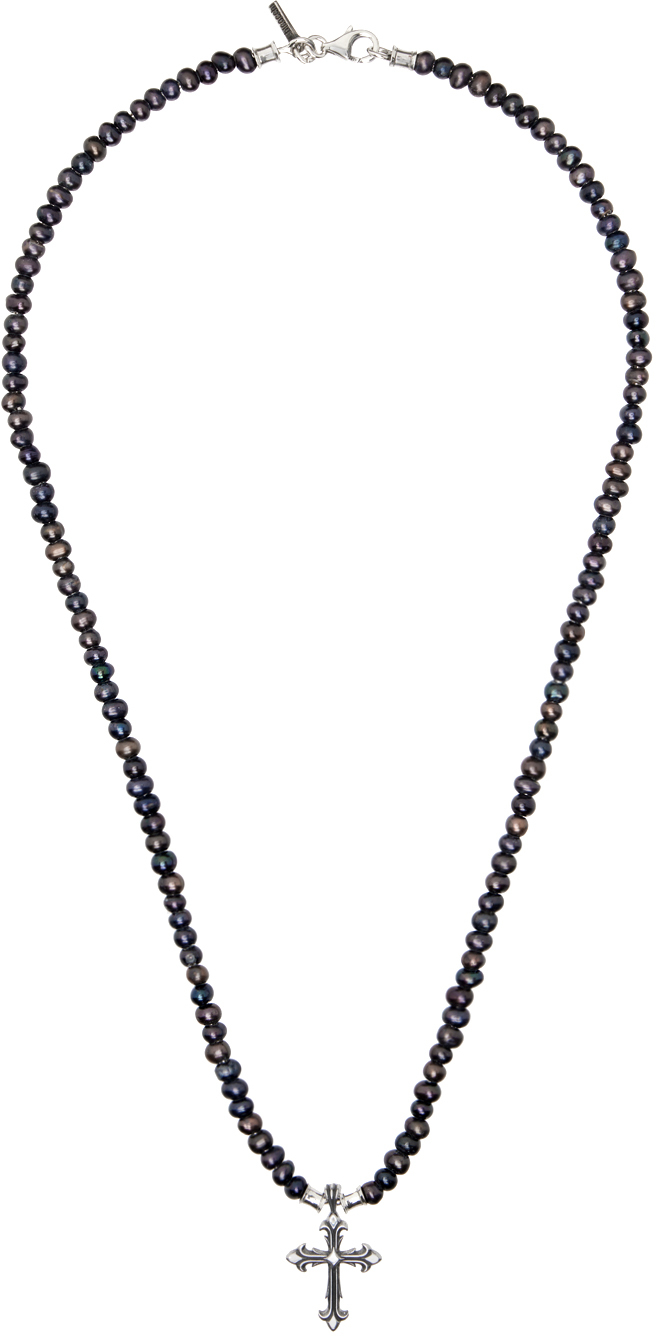 Shop Emanuele Bicocchi Ssense Exclusive Black Pearl Cross Necklace In Sterling Silver