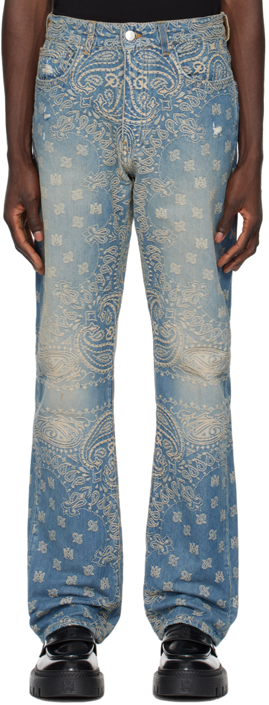 Shop Amiri Blue Bandana Jacquard Straight Jeans In Crafted Indigo