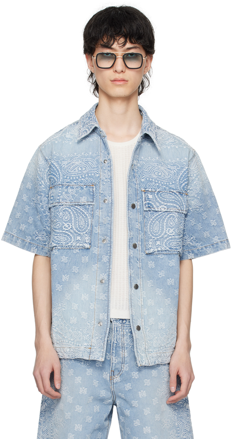 Shop Amiri Blue Bandana Jacquard Denim Shirt In Perfect Indigo