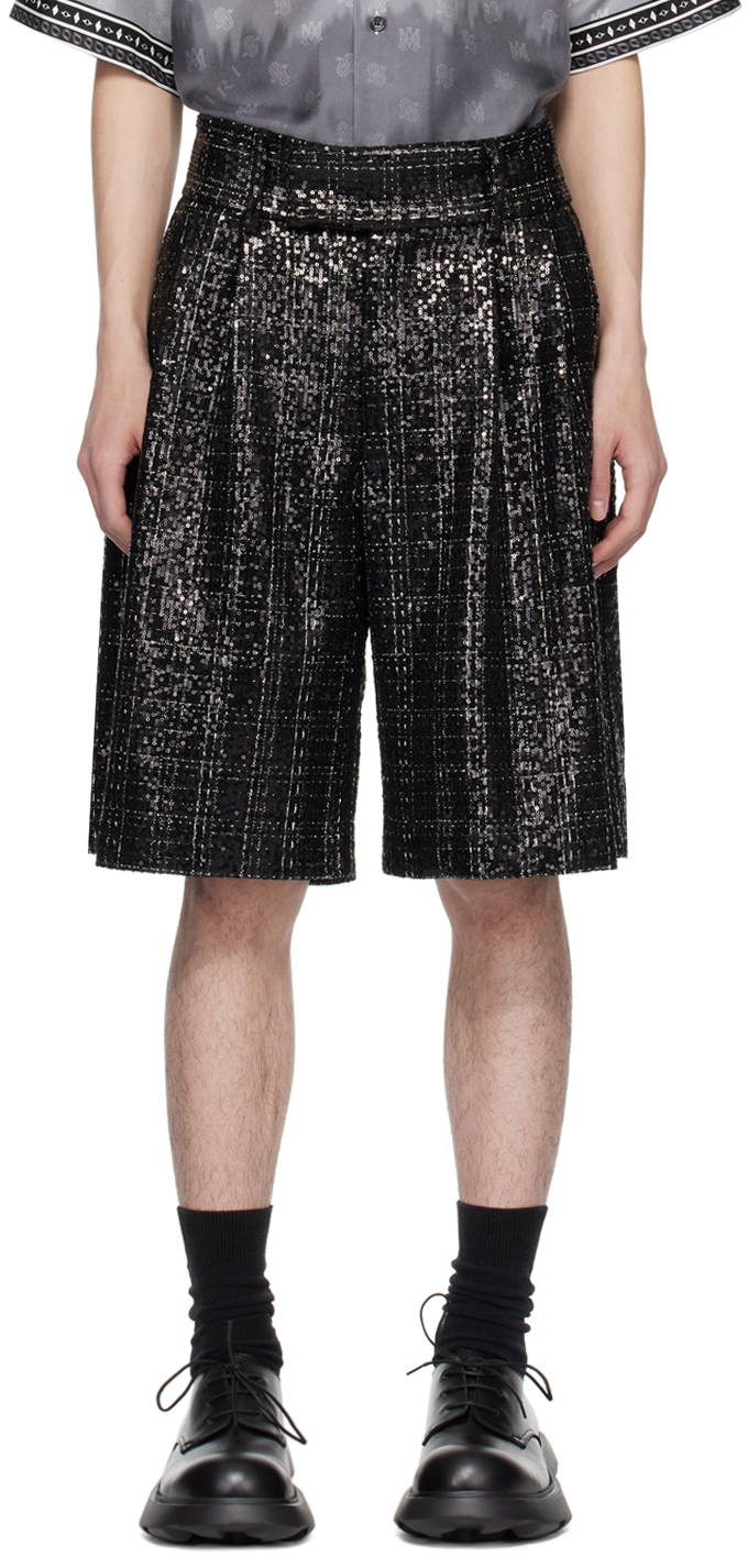Shop Amiri Black Sequinned Shorts