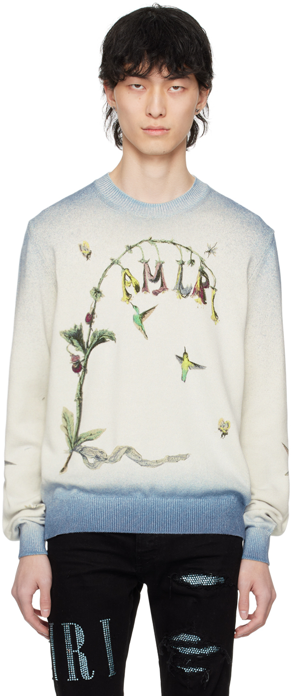 Shop Amiri Blue Embroidered Hummingbird Sweater